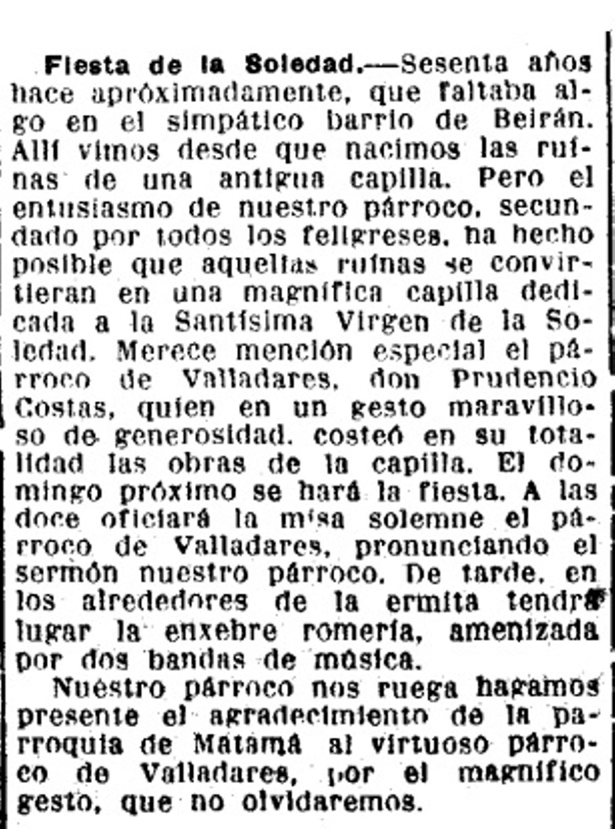 Noticia de la rehabilitación de la capilla de Beirán publicada el 14 de abril de 1955 en Faro de Vigo.