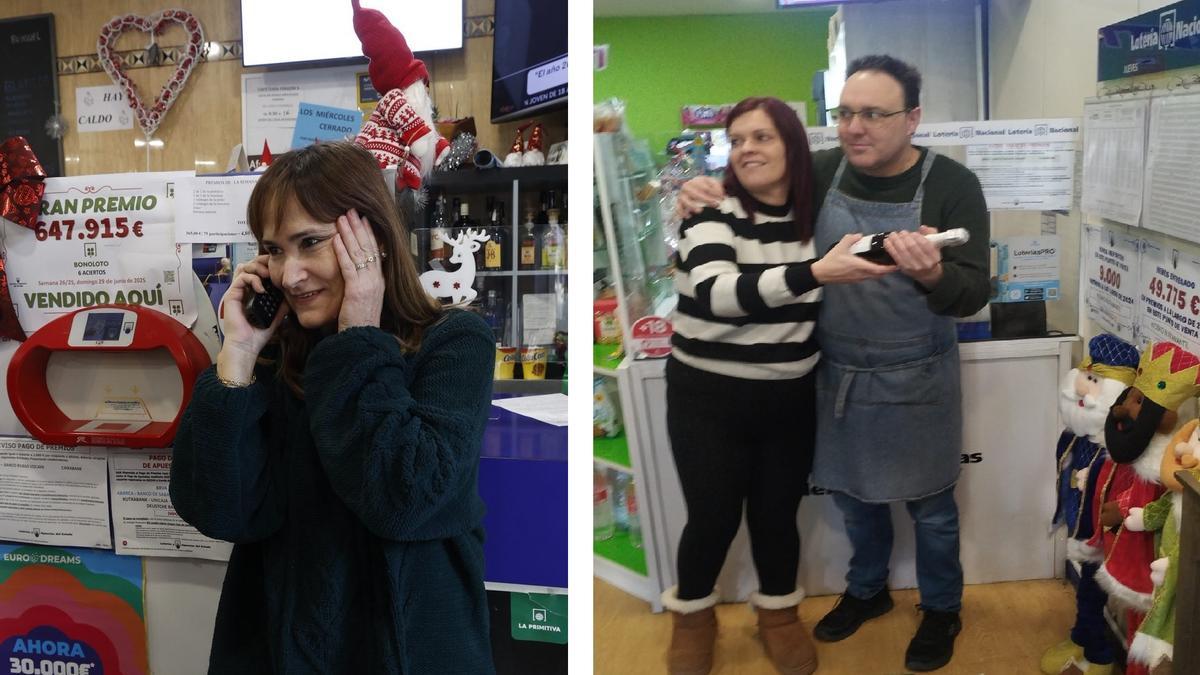 A la izquierda, la lotera que vendió el primer premio de El Niño en Avilés. A la derecha, los hermanos de la adminsitración de lotería de Colloto que también vendió el premio.