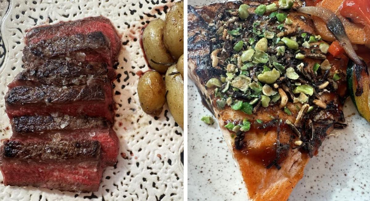 El salmón teriyaki y el lomo bajo de ternera del menú en The Banker's Bar