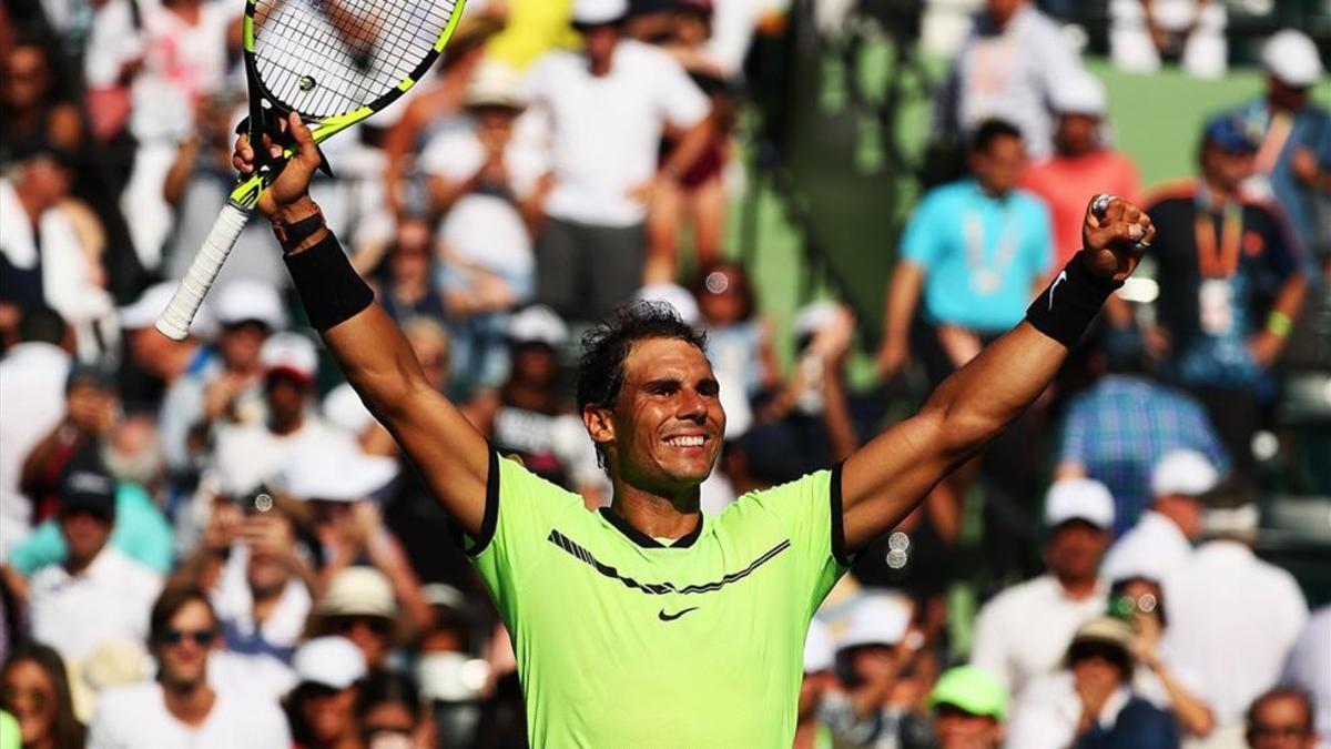 Rafa Nadal celebra su pase a los cuartos de final de Miami por primera vez en tres años
