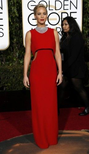 Jennifer Lawrence arrives at the 73rd Golden Globe Awards in Beverly Hills