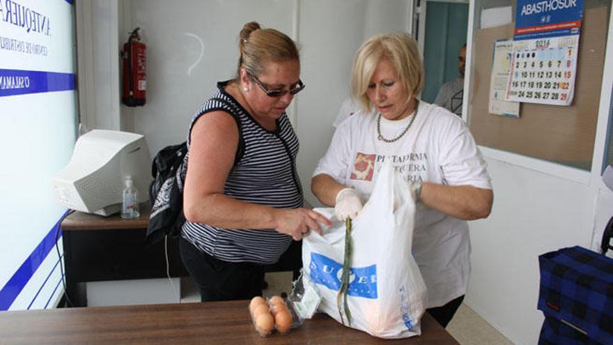 Una voluntaria reparte los alimentos que mensualmente reciben las personas necesitadas de Antequera.