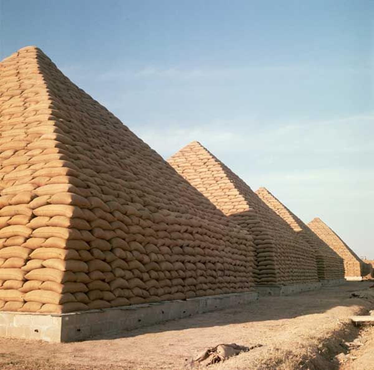 Pirámides de sacos de cacahuetes en Kano.