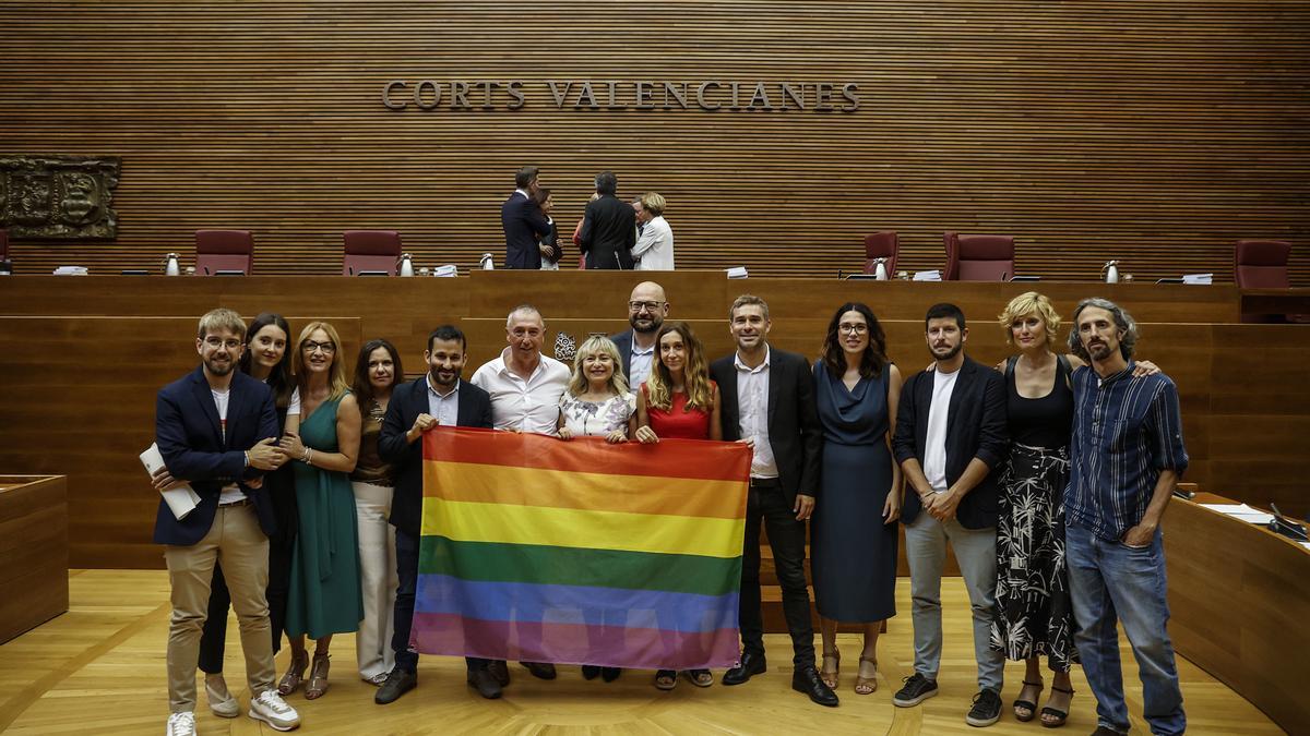 Los diputados del grupo de Compromis posan con la bandera arcoiris en las Cortes Valencianas.