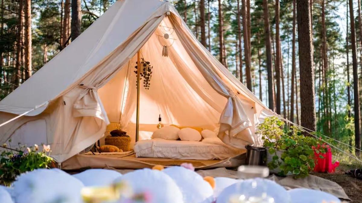 Una de las tiendas de campaña ubicada en el bosque