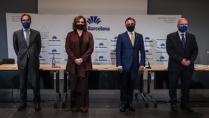 Barcelona 18 12 2020 Economia Balance y perspectivas de la Fira  Alcaldesa Ada Colau  conseller Ramon Tremosa  el presidente de la Fira Pau Relat y Agusti Serrallonga  AUTOR  JORDI OTIX