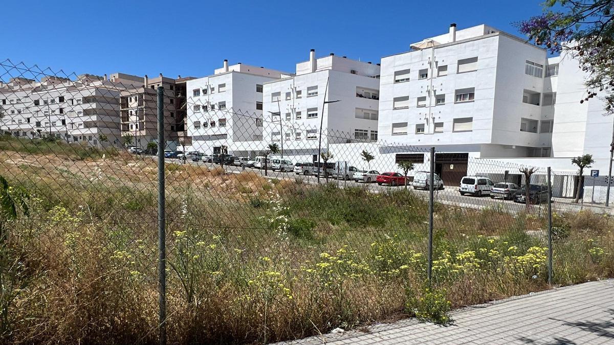 Uno de los solares que requiere limpieza y desbroce en Lucena, ubicado en la zona del oeste 1 del municipio, muy cerca de bloques de viviendas.