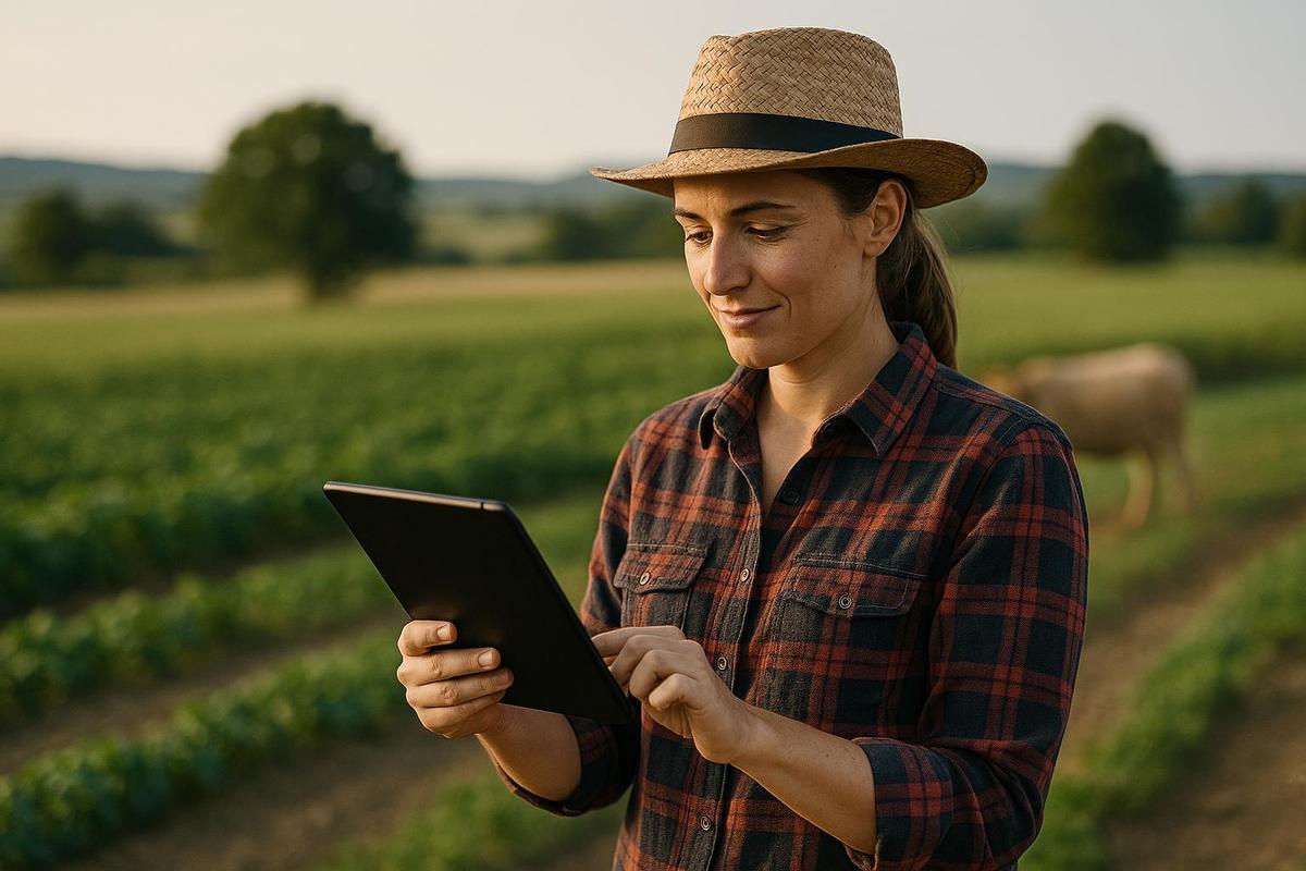 Una joven ganadera con una 'tablet'.
