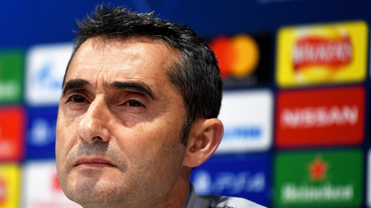 Valverde, en la sala de prensa de Anfield antes del Liverpool-Barça.