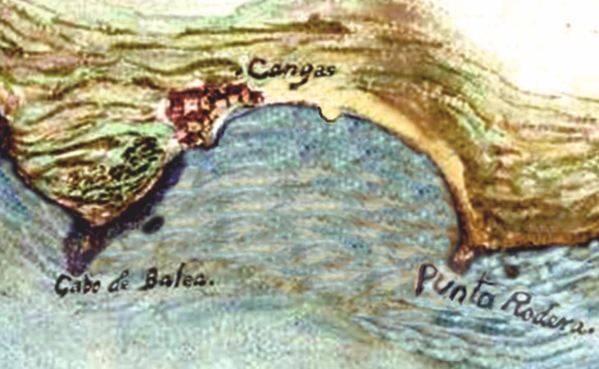 Mapa coa costa de Cangas en 1595, sinalando Cabo de Balea y Punta Rodeira.