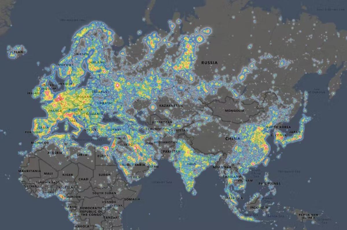 Mapa de la contaminación lumínica en Europa, África y Asia