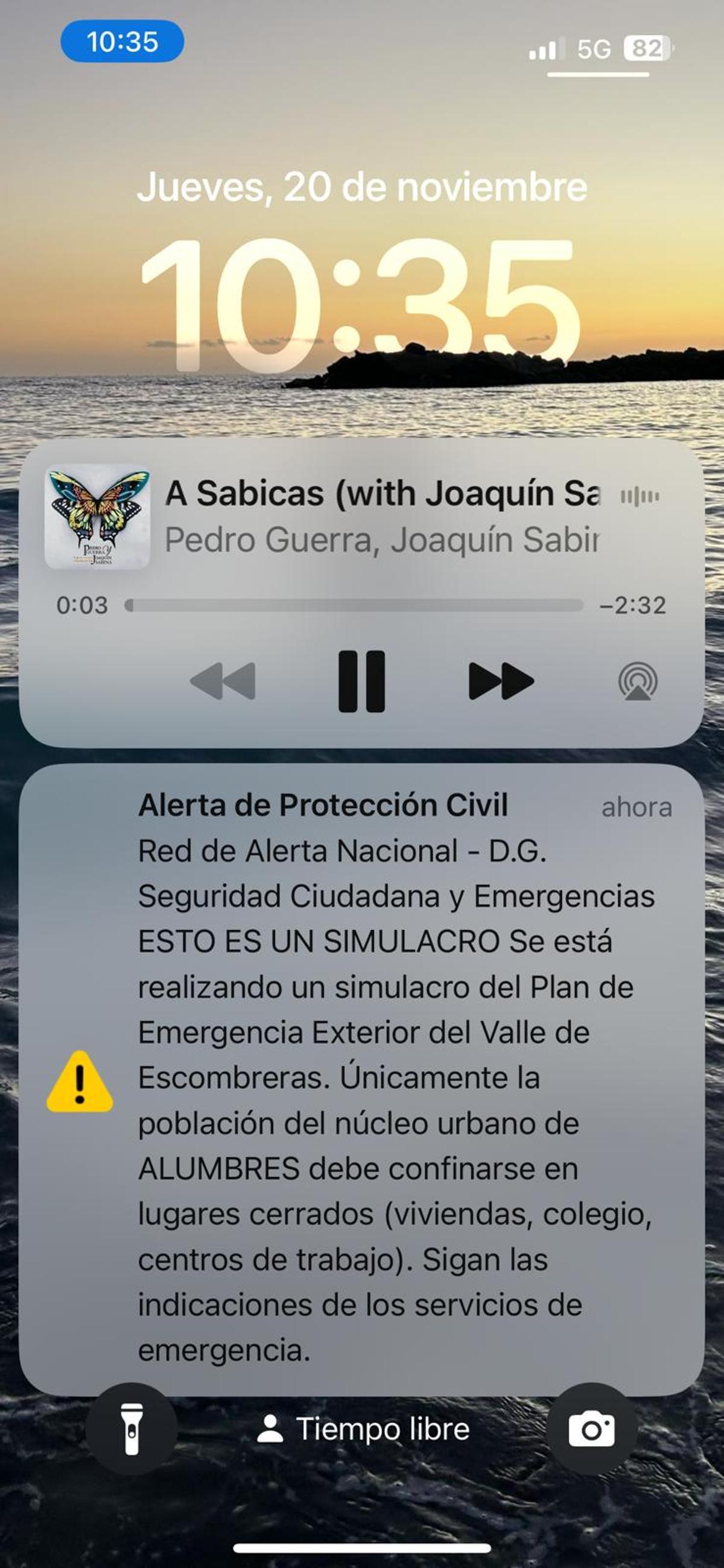 Alerta de Protección Civil recibida en los móviles de las personas que estaban en Alumbres durante el simulacro