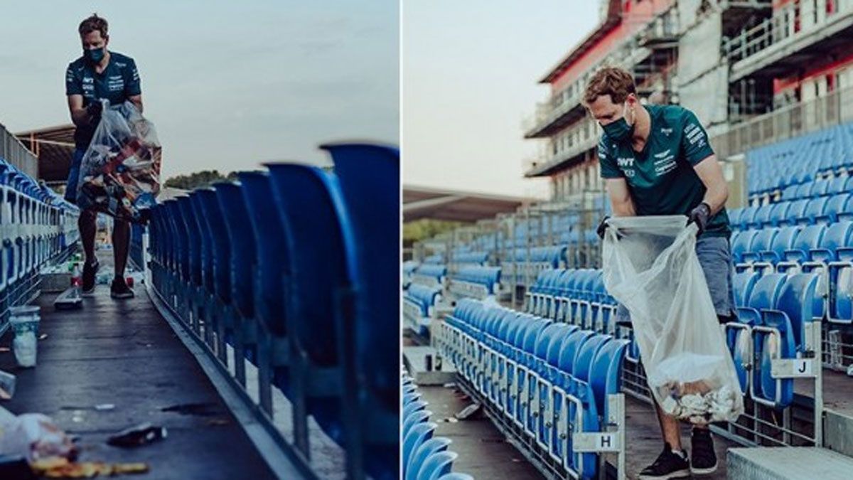 Vettel, recogiendo desperdicios en las gradas de Silverstone