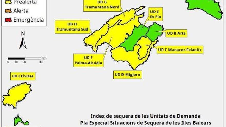 So steht es um die Wasserressourcen auf den Balearen: Gelb = Vorwarnung, Grün = stabil.