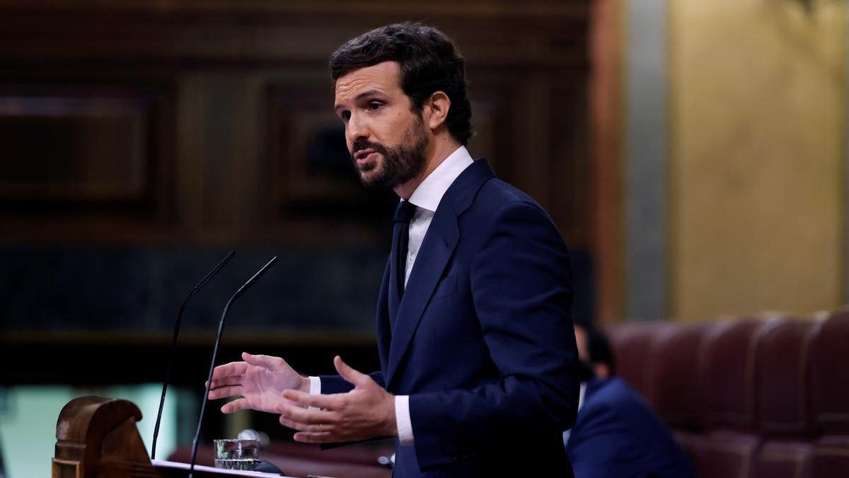 El líder del Partido Popular, Pablo Casado durante su intervención en el pleno del Congreso.