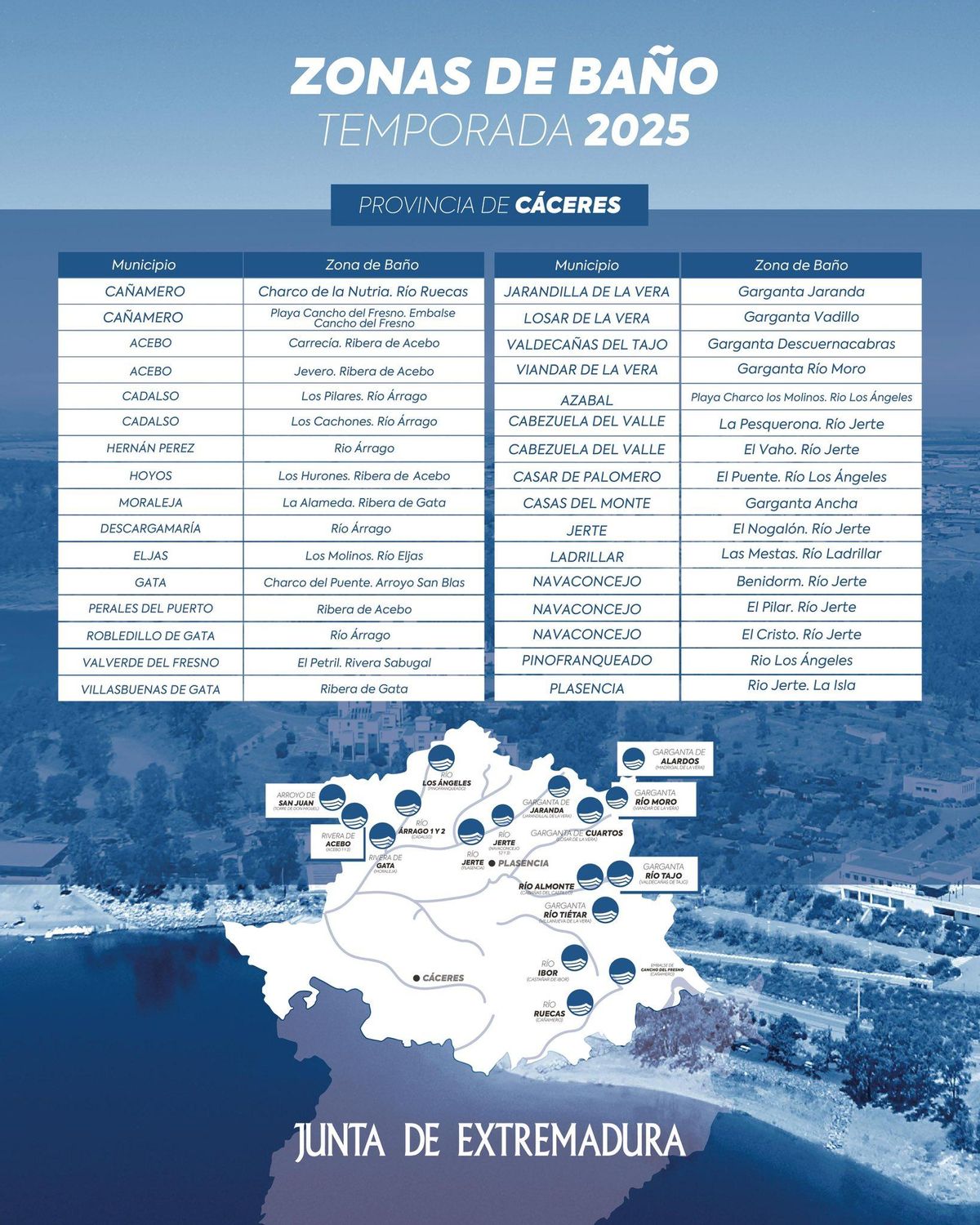 El mapa de zonas de baños autorizadas en la provincia de Cáceres.