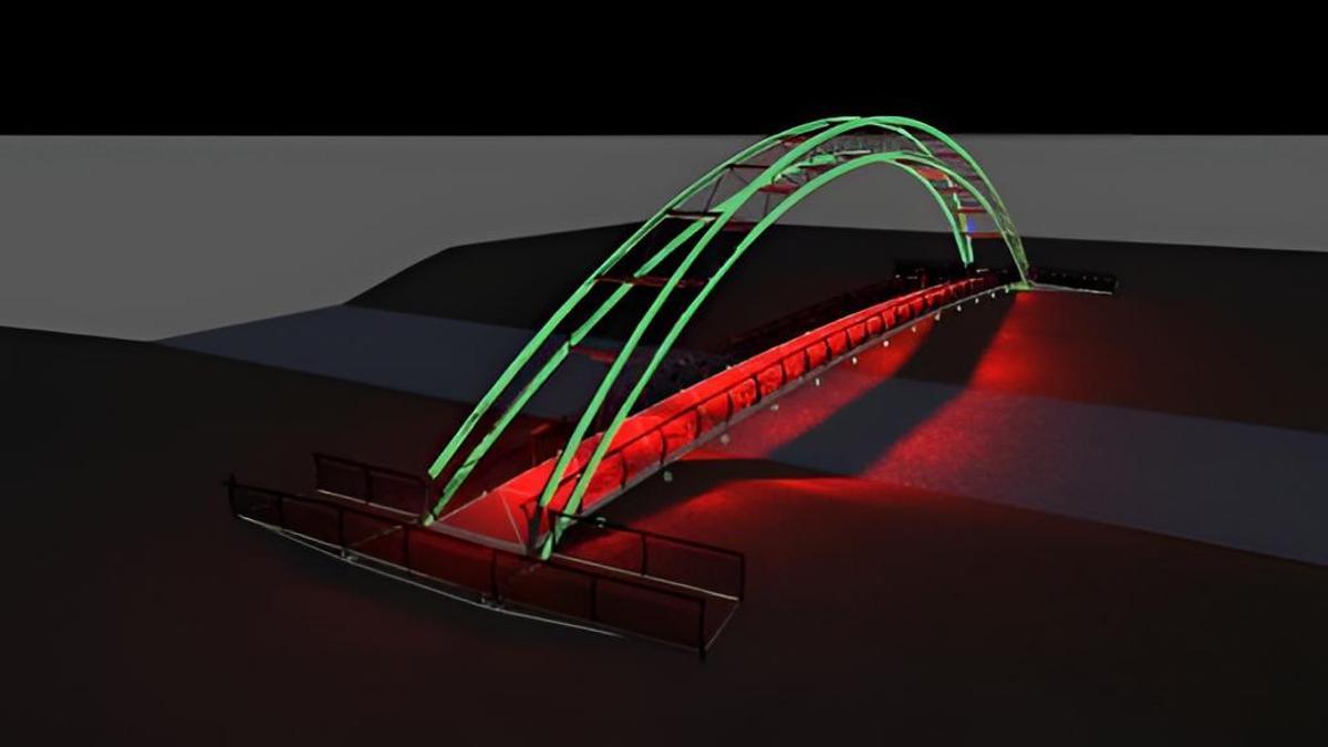 Recreación de la pasarela iluminada sobre el río