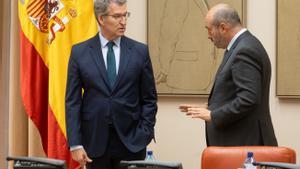 El líder del PP, Alberto Núñez Feijóo, y el presidente del Senado, Pedro Rollán, salen de la reunión de los grupos parlamentarios de Congreso y Senado.