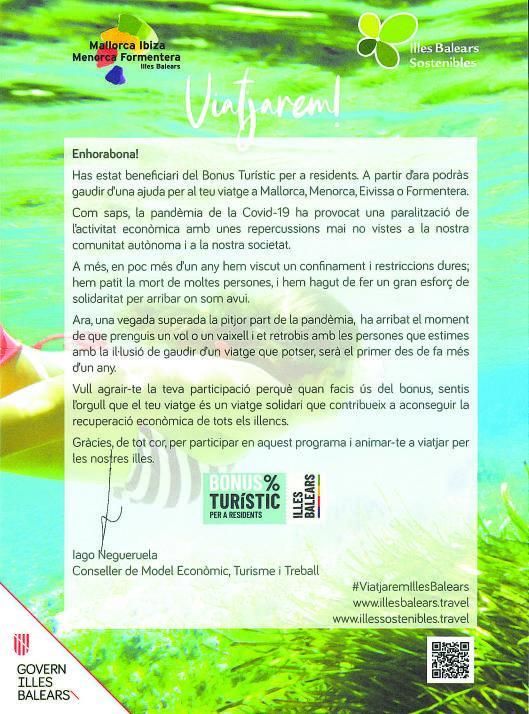 La carta en la que el conseller felicita a los ganadores del bono. |