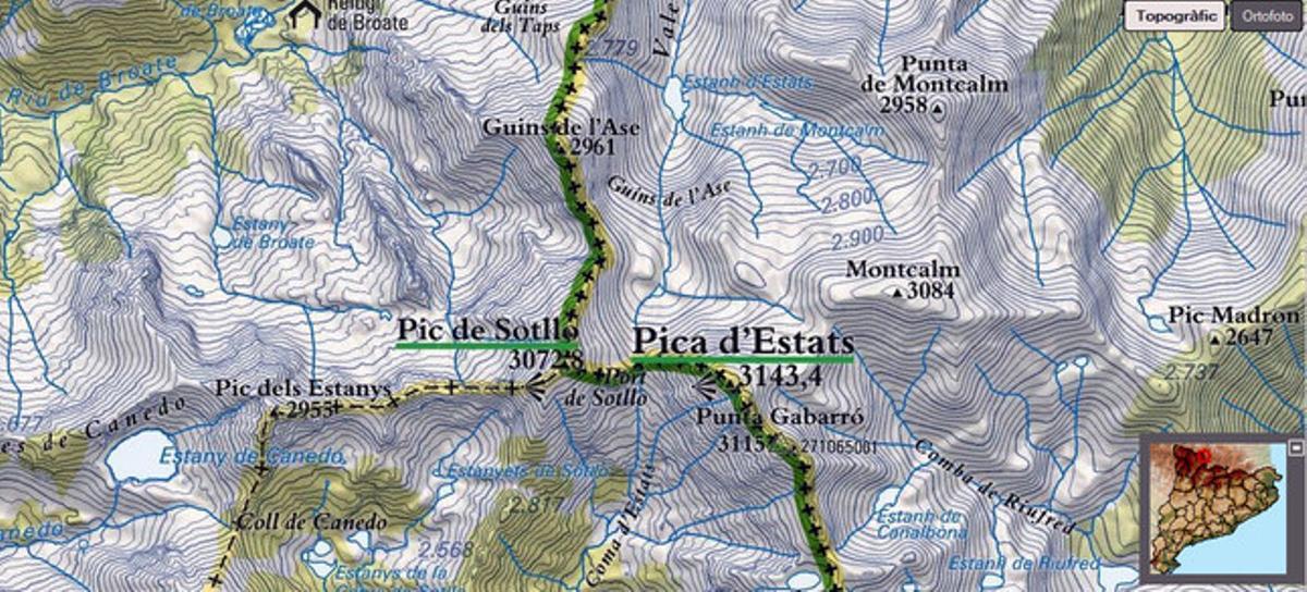 Mapa de la zona on hi ha la Pica d’Estats, al Pallars Sobirà.