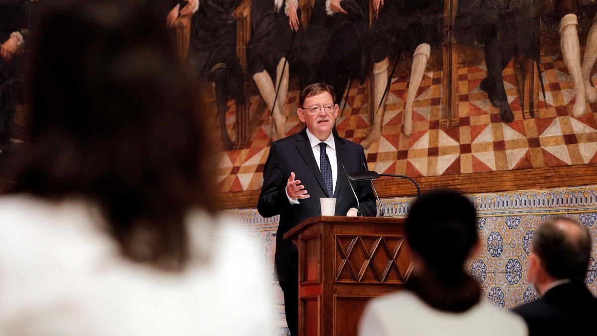 El president de la Generalitat, Ximo Puig, durante su intervención en el Palau de la Generalitat