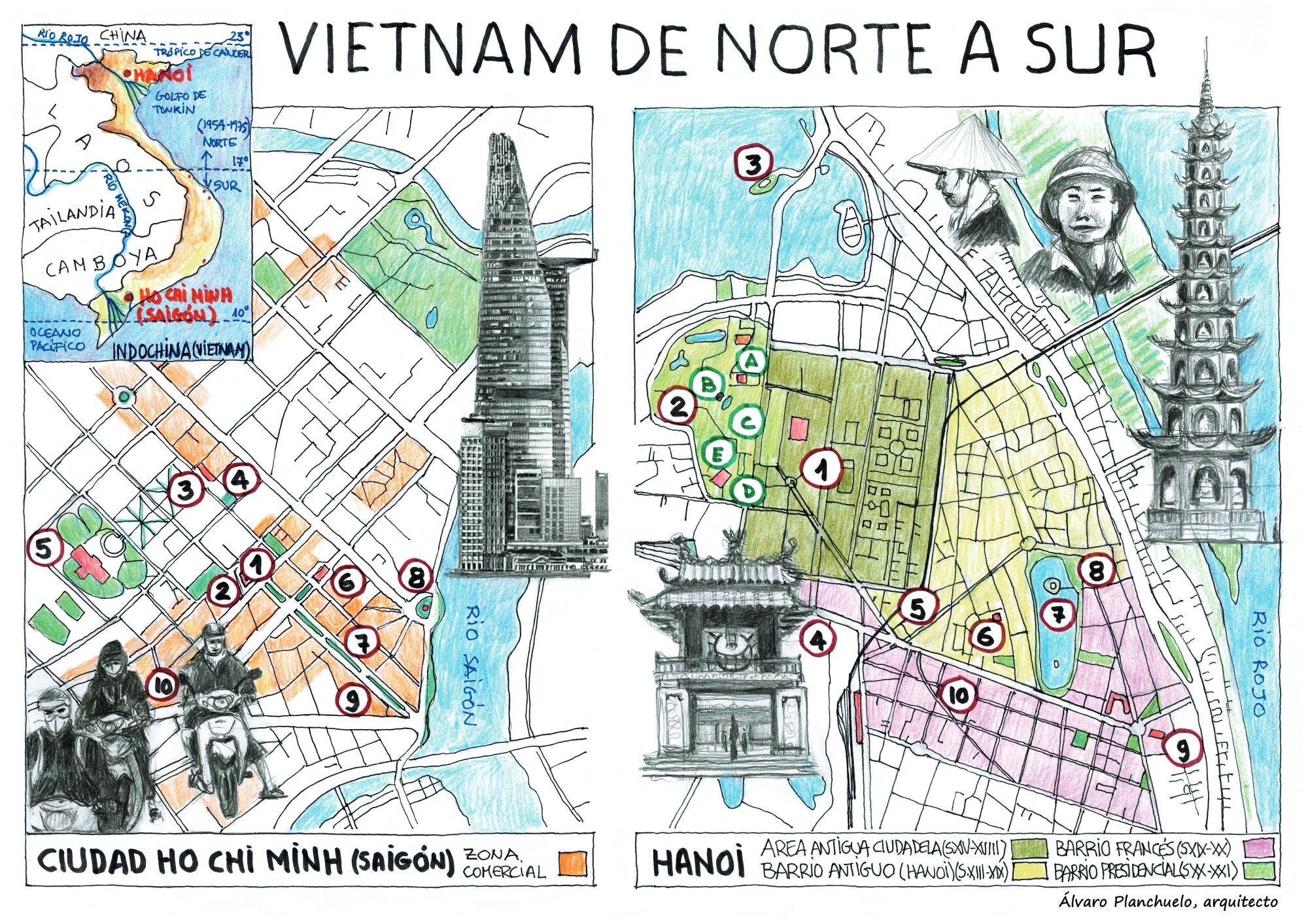 UN mapa con los imprescindibles de estas dos ciudades de Vietnam