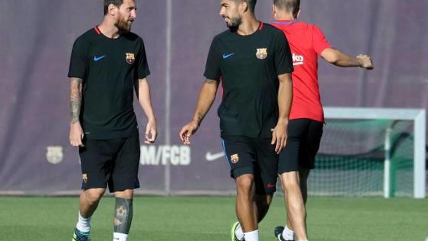 Leo Messi i Luis Suárez, en l&#039;entrenament previ al partit d&#039;aquesta nit al Camp Nou.