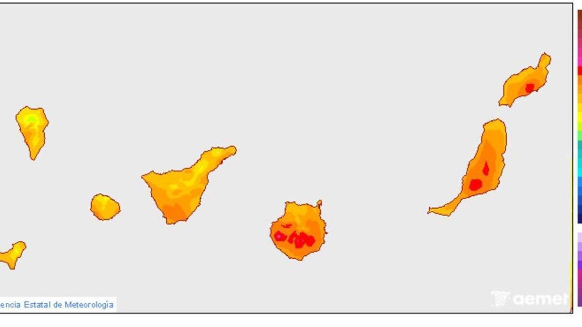 Mapa de previsión de temperaturas en Canarias para este jueves.