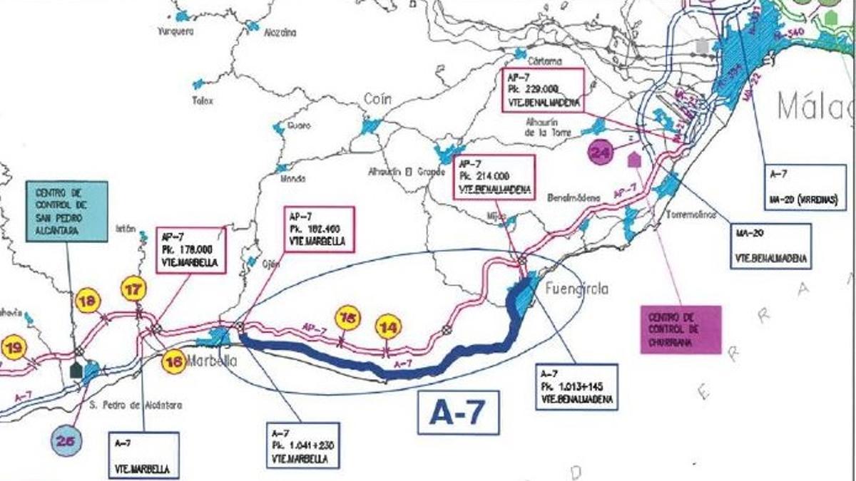 Plano del tramo de la autovía A7 donde se reforzará el pavimento.