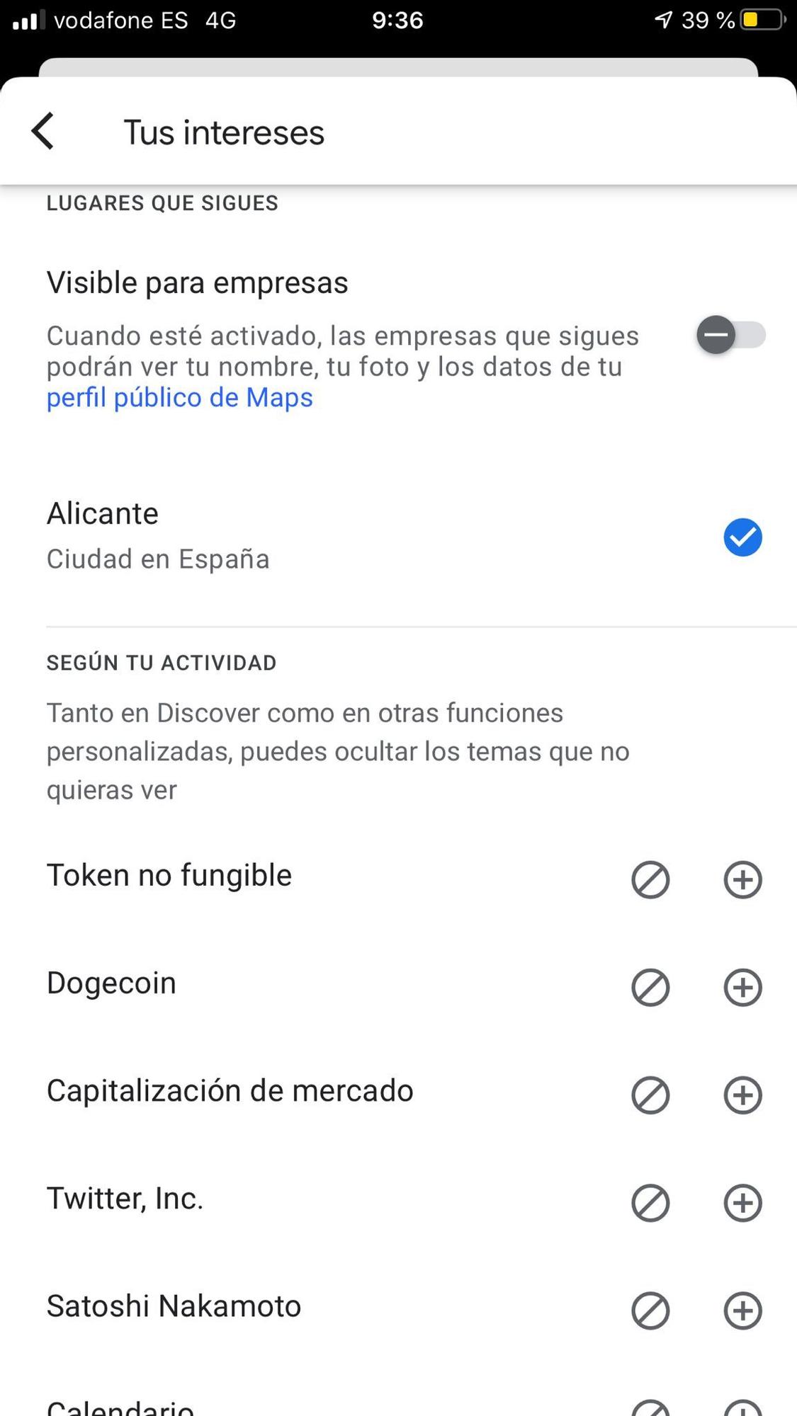 Gestionar intereses de Google Discover