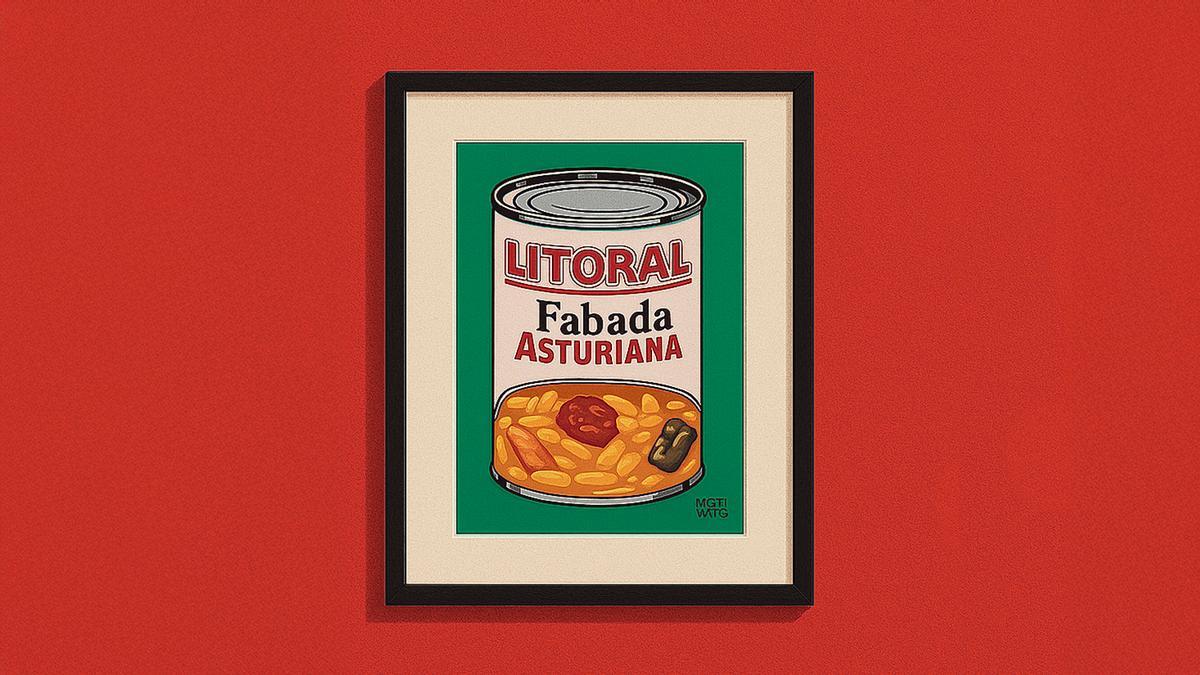 El artista sevillano residente en Gijón Miguel Watio hizo esta versión asturiana de las famosas latas de Campbell’s que Andy Warhol convirtió en iconos del Pop Art.