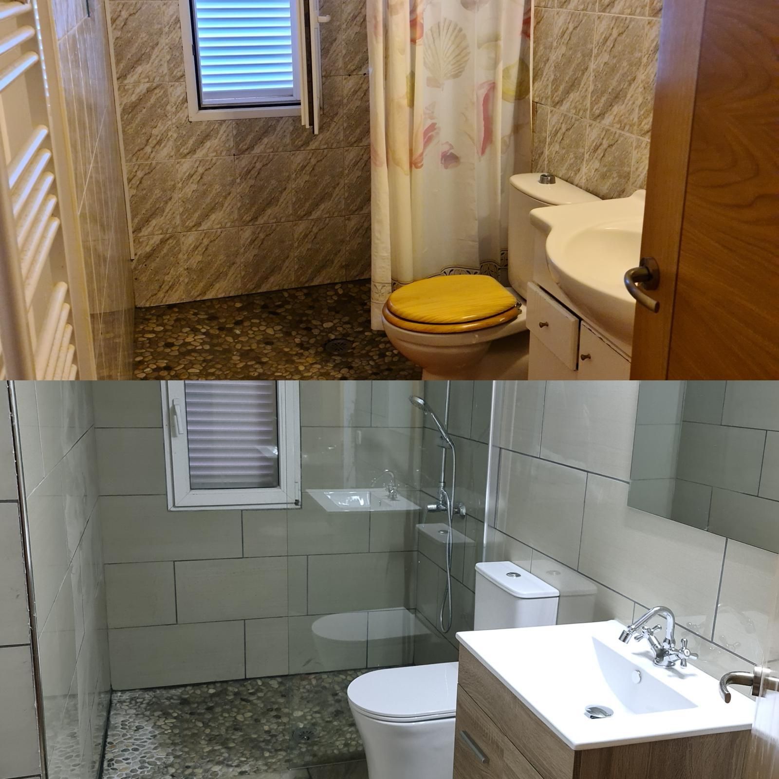 Das Badezimmer vor und nach der Renovierung.