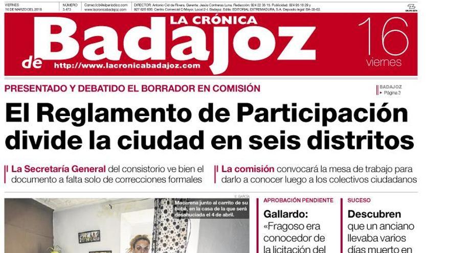 Esta es la portada de LA CRÓNICA DE BADAJOZ correspondiente al día 16 de marzo del 2018