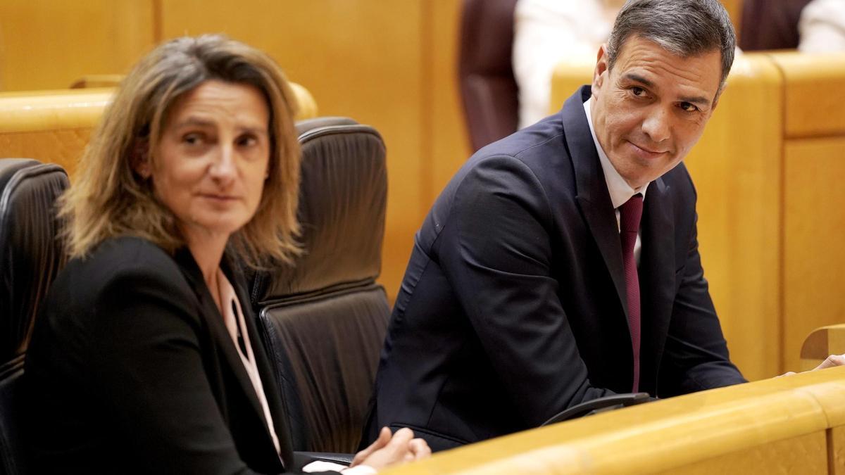 Pedro Sánchez y Teresa Ribera en una sesión de control al Gobierno en el Senado en mayo de este año.