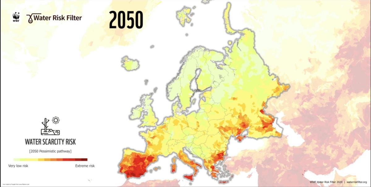 Riesgo de estrés hídrico en Europa en 2050.