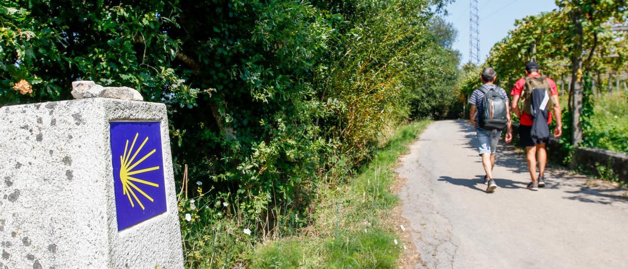 Los peregrinos se aventuran por las carreteras y caminos de Valga con su meta en Santiago de Compostela