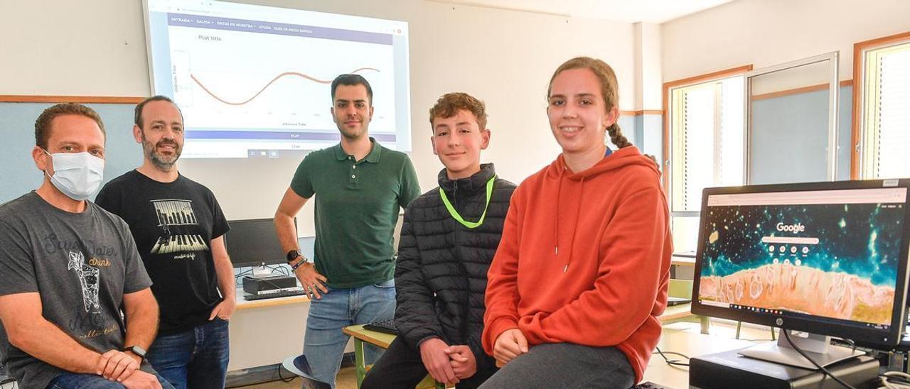 De izquierda a derecha: Carlos Morales, Moisés García y Alejandro Bolaños, docentes del IES José Frugoni Pérez,  Liam López, alumno de 2º de la ESO y Sara Santana de 1º de Bachillerato