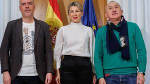 Unai Sordo (CCOO), Yolanda Díaz i Pepe Álvarez (UGT), al gener a Madrid. | ARXIU