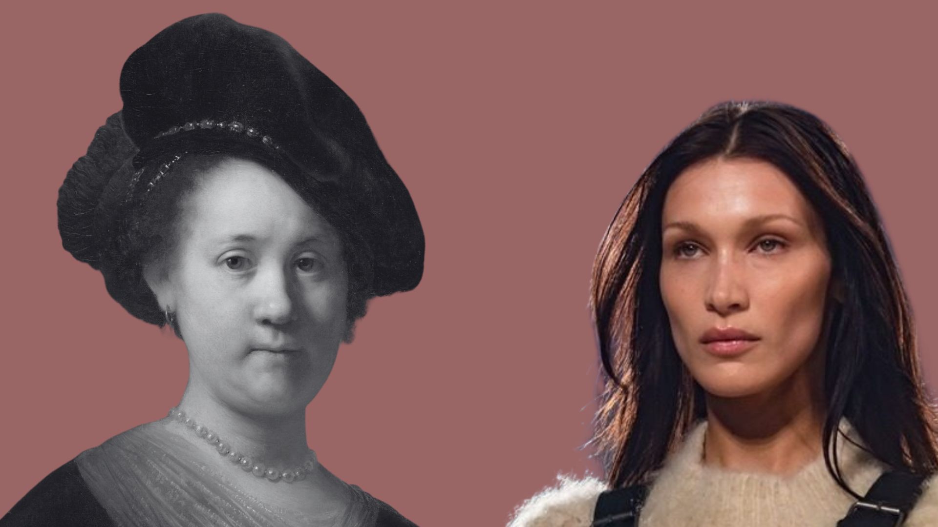 A la derecha, la modelo Bella Hadid; a la izquierda, retrato de mujer joven con gorro negro de Rembrandt.