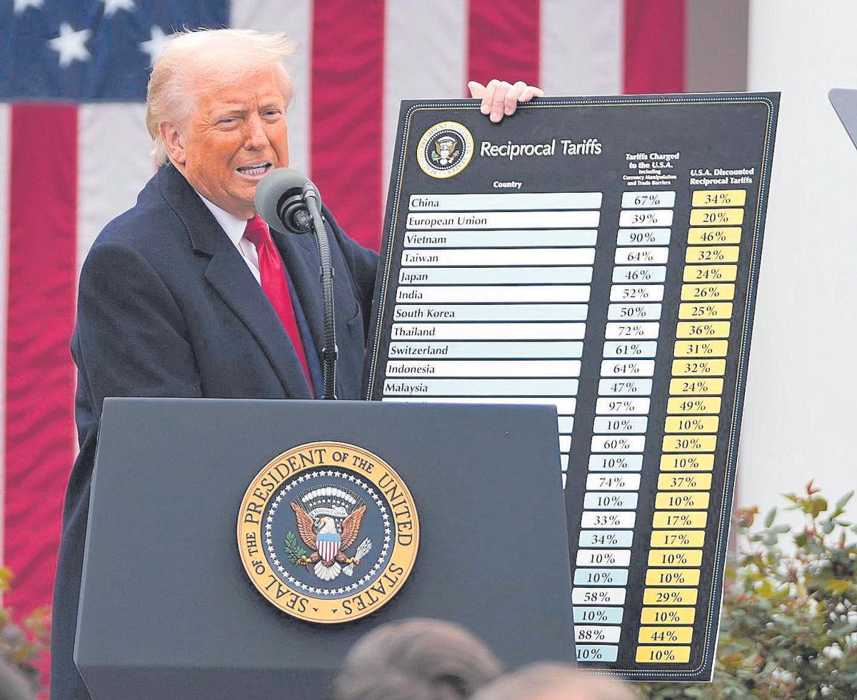 Trump sostiene el listado de aranceles por países, ayer, en la Rosaleda de la Casa Blanca.