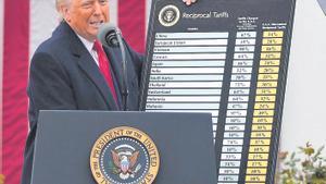 Trump sostiene el listado de aranceles por países, ayer, en la Rosaleda de la Casa Blanca. 