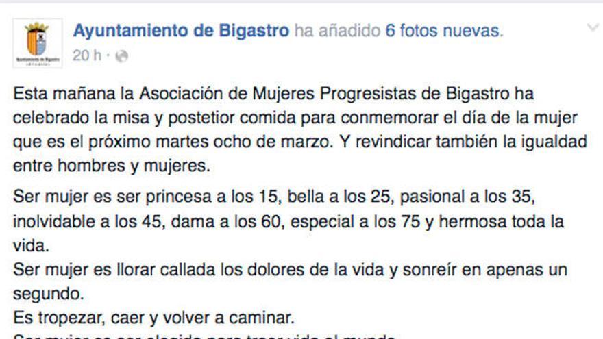 El Ayuntamiento de Bigastro celebra el día de la mujer trabajadora con un texto machista