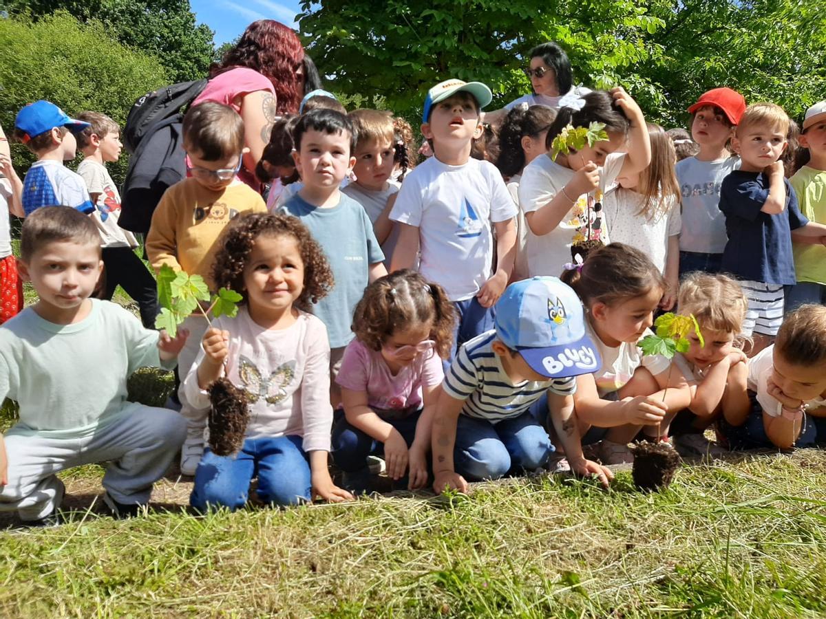 Un gupo de niños, con los árboles