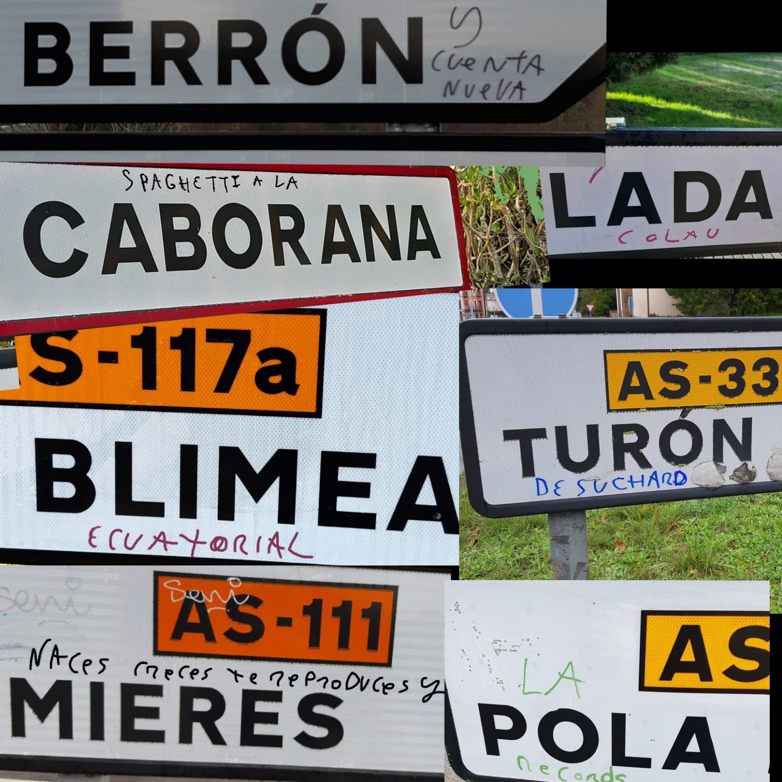 Algunos de los &quot;tuneos&quot; de carteles de localidades asturianas.