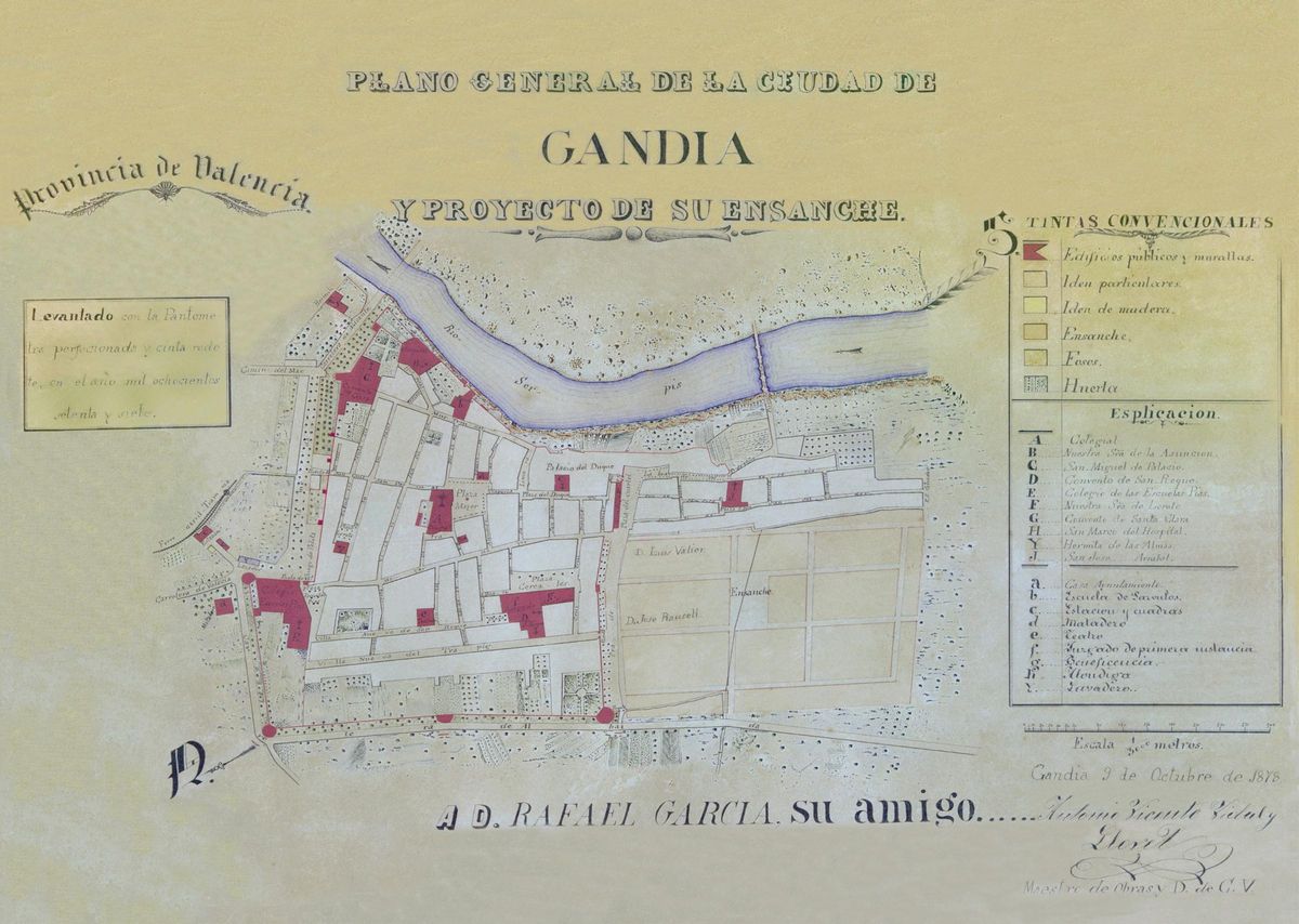 Plano de Gandia en 1878 donde todavía existía la plaza del Quarter.