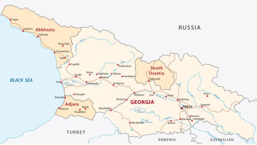 Mapa de Georgia: se observan las zonas en conflicto de Abkhazia y Ossetia.