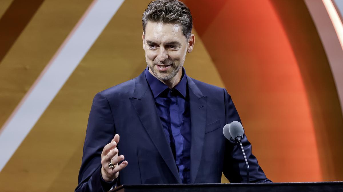 Pau Gasol, durant el seu dicurs d'agraïment per entrar al Hall of Fame