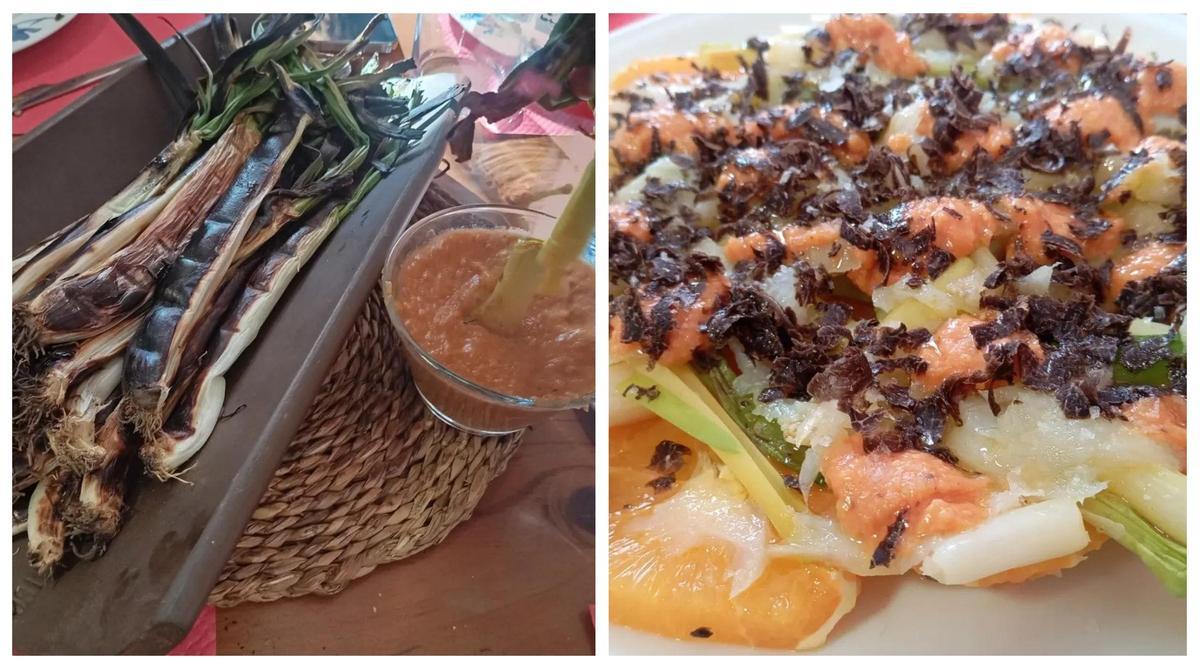 Poca presentación necesitan los calçots de La Carrasca (i), a la derecha, una ensalada que lleva naranjas, calçots, romesco, bacalao ahumado y trufa. Para chuparse los dedos.