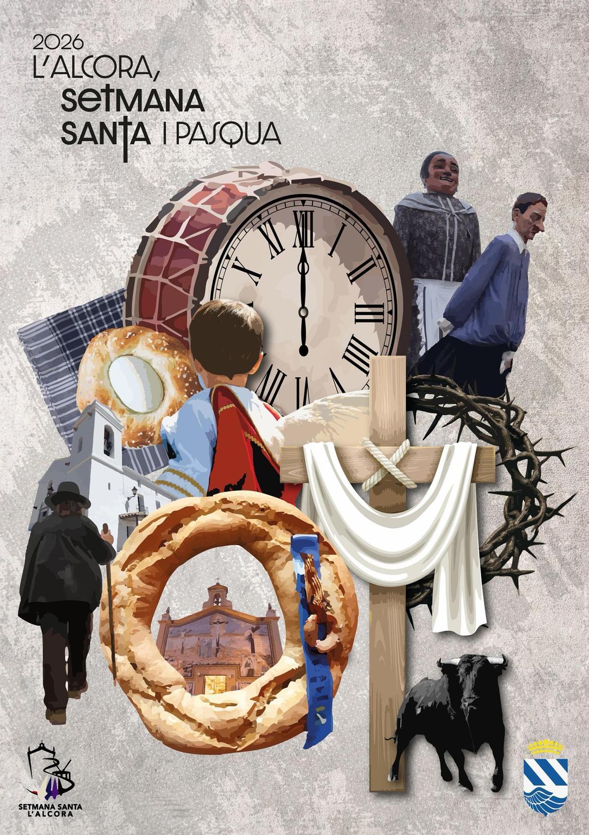 Cartel ganador ‘Sentit Alcorí’, obra de Núria Martín, que simboliza las principales tradiciones del municipio.