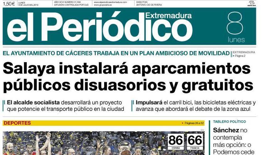 Esta es la portada de EL PERIÓDICO EXTREMADURA correspondiente al día 8 de julio del 2019